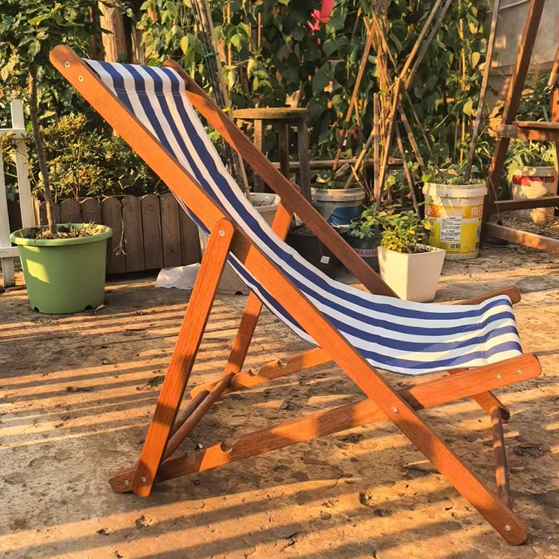 Modern Minimalist Merbau Wood Folding Lounge Chair with Oxford Fabric Cotton-Linen Blend, Rectangular Recliner, 3-Position Adjustable Backrest for Outdoor Garden