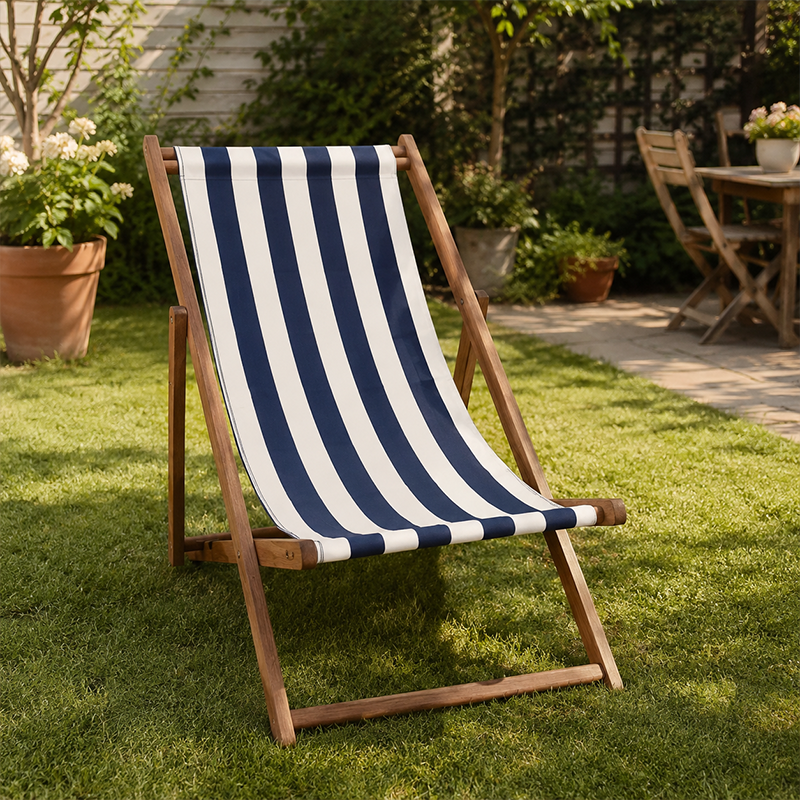 Modern Minimalist Merbau Wood Folding Lounge Chair with Oxford Fabric Cotton-Linen Blend, Rectangular Recliner, 3-Position Adjustable Backrest for Outdoor Garden