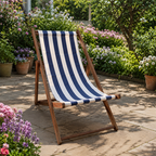 Modern Minimalist Merbau Wood Folding Lounge Chair with Oxford Fabric Cotton-Linen Blend, Rectangular Recliner, 3-Position Adjustable Backrest for Outdoor Garden
