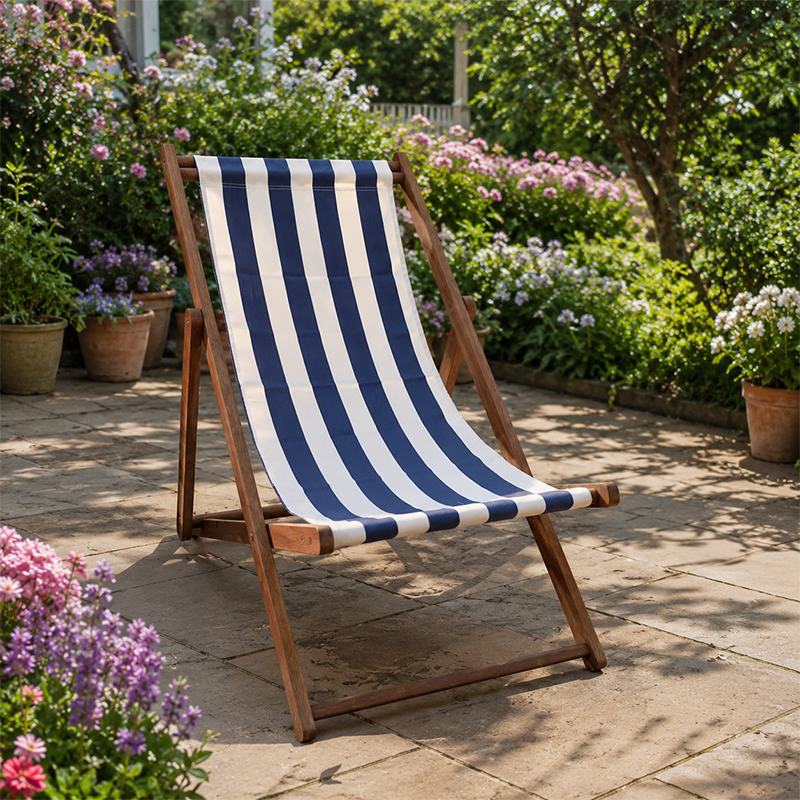 Modern Minimalist Merbau Wood Folding Lounge Chair with Oxford Fabric Cotton-Linen Blend, Rectangular Recliner, 3-Position Adjustable Backrest for Outdoor Garden