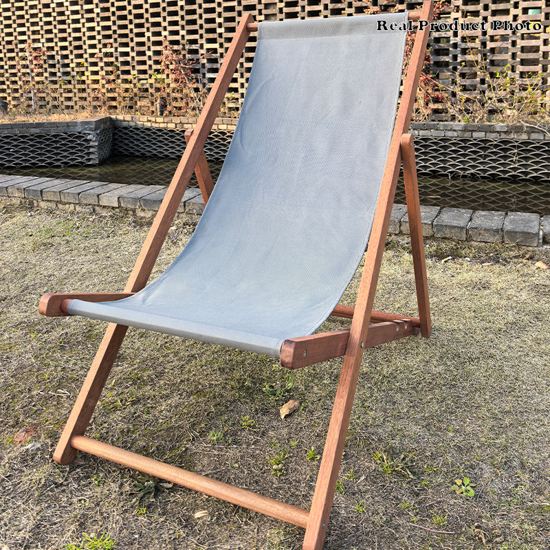 Modern Minimalist Merbau Wood Folding Lounge Chair with Oxford Fabric Cotton-Linen Blend, Rectangular Recliner, 3-Position Adjustable Backrest for Outdoor Garden