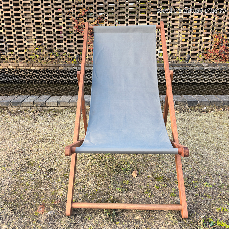 Modern Minimalist Merbau Wood Folding Lounge Chair with Oxford Fabric Cotton-Linen Blend, Rectangular Recliner, 3-Position Adjustable Backrest for Outdoor Garden