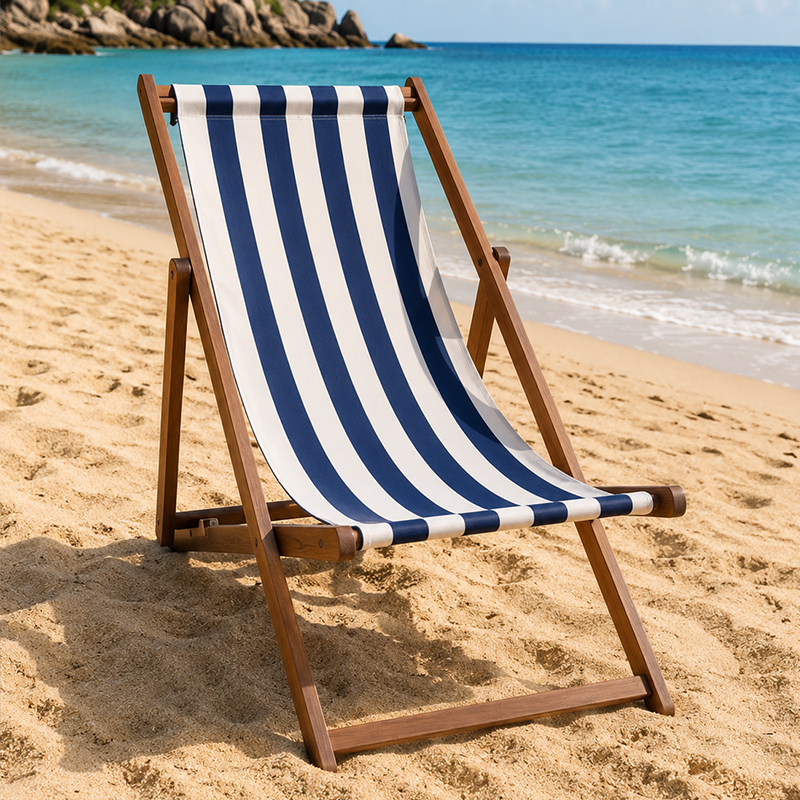 Modern Minimalist Merbau Wood Folding Lounge Chair with Oxford Fabric Cotton-Linen Blend, Rectangular Recliner, 3-Position Adjustable Backrest for Outdoor Garden