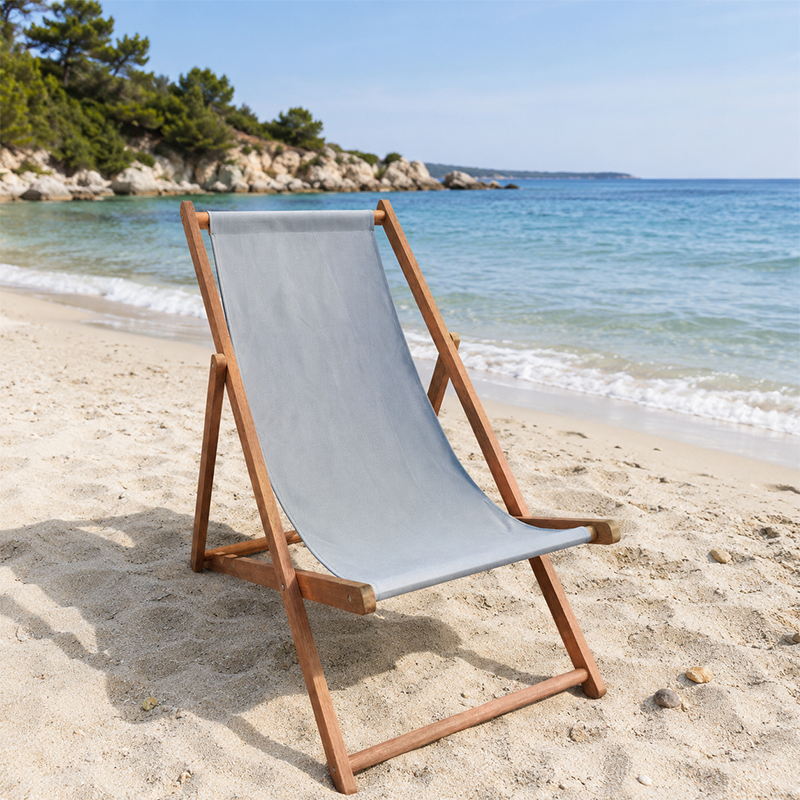 Modern Minimalist Merbau Wood Folding Lounge Chair with Oxford Fabric Cotton-Linen Blend, Rectangular Recliner, 3-Position Adjustable Backrest for Outdoor Garden