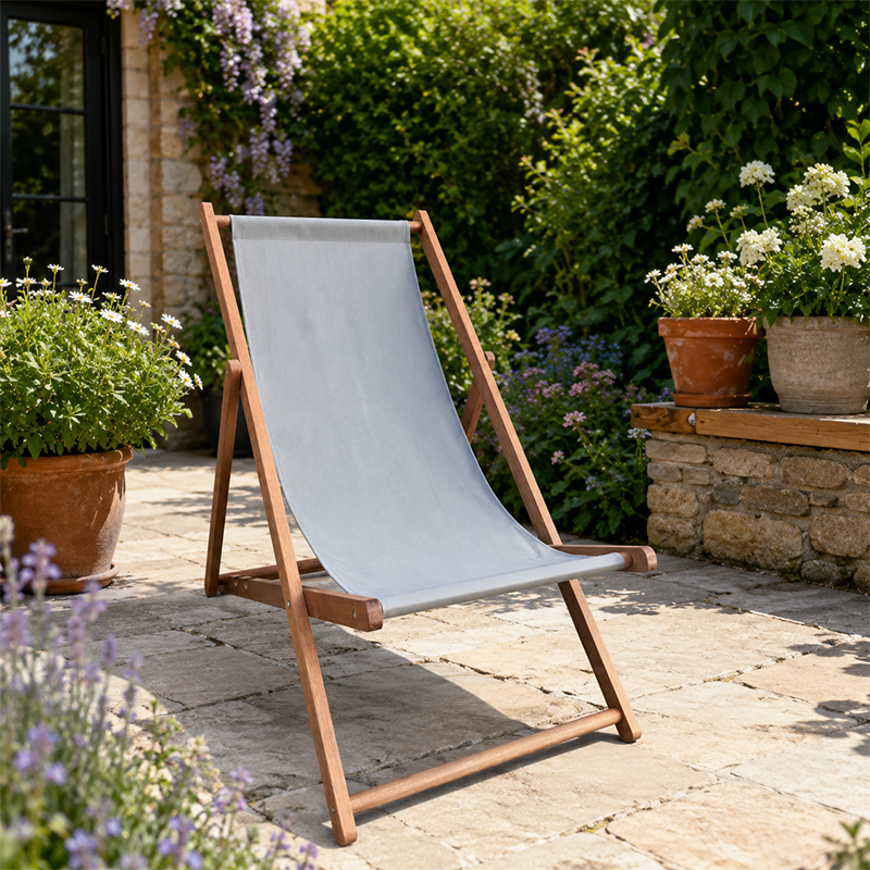 Modern Minimalist Merbau Wood Folding Lounge Chair with Oxford Fabric Cotton-Linen Blend, Rectangular Recliner, 3-Position Adjustable Backrest for Outdoor Garden