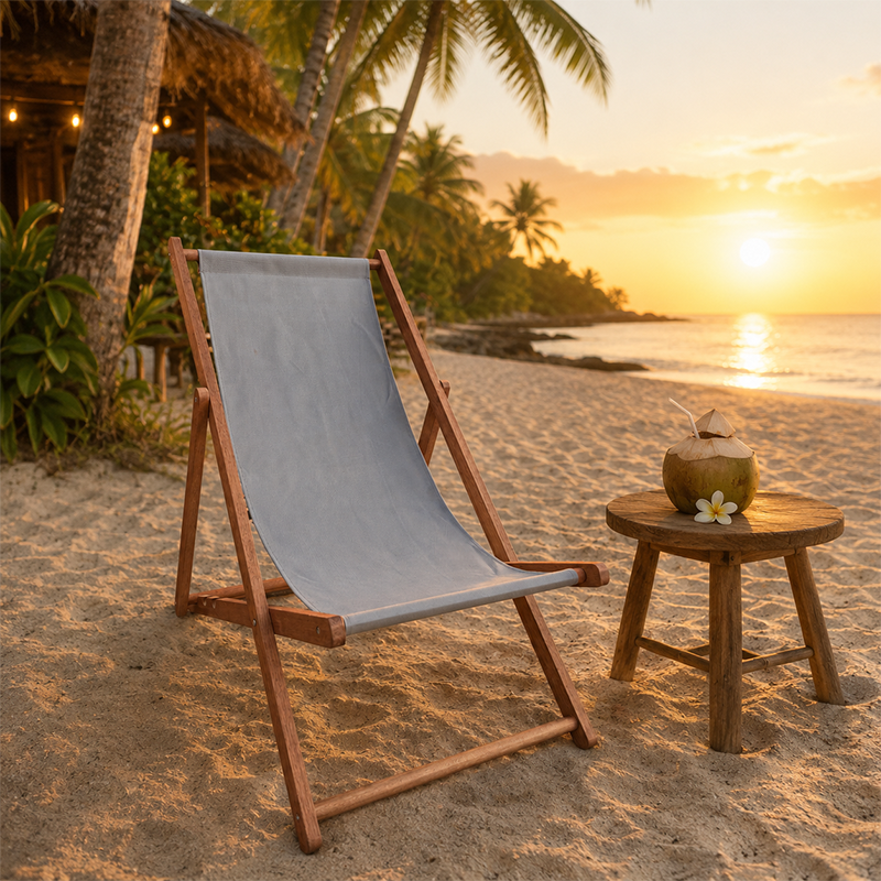 Modern Minimalist Merbau Wood Folding Lounge Chair with Oxford Fabric Cotton-Linen Blend, Rectangular Recliner, 3-Position Adjustable Backrest for Outdoor Garden