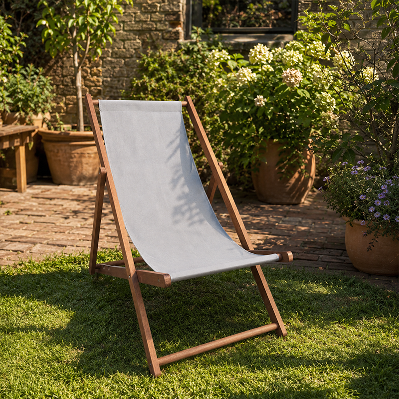 Modern Minimalist Merbau Wood Folding Lounge Chair with Oxford Fabric Cotton-Linen Blend, Rectangular Recliner, 3-Position Adjustable Backrest for Outdoor Garden
