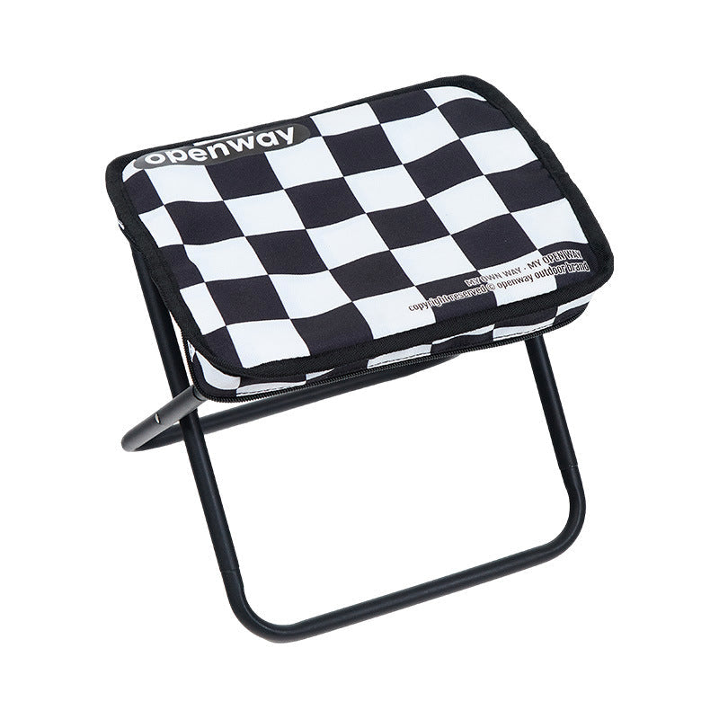 Outdoor Foldable Stool with Backrest - Modern Minimalist Rectangular Carbon Steel Frame, Oxford Fabric Seat in Striped/Plaid Pattern