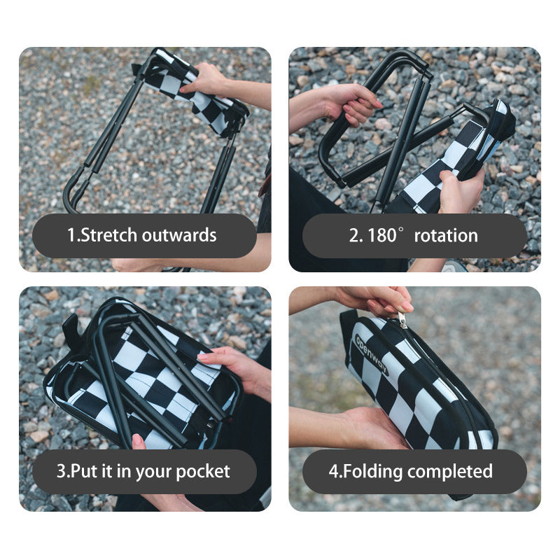 Outdoor Foldable Stool with Backrest - Modern Minimalist Rectangular Carbon Steel Frame, Oxford Fabric Seat in Striped/Plaid Pattern