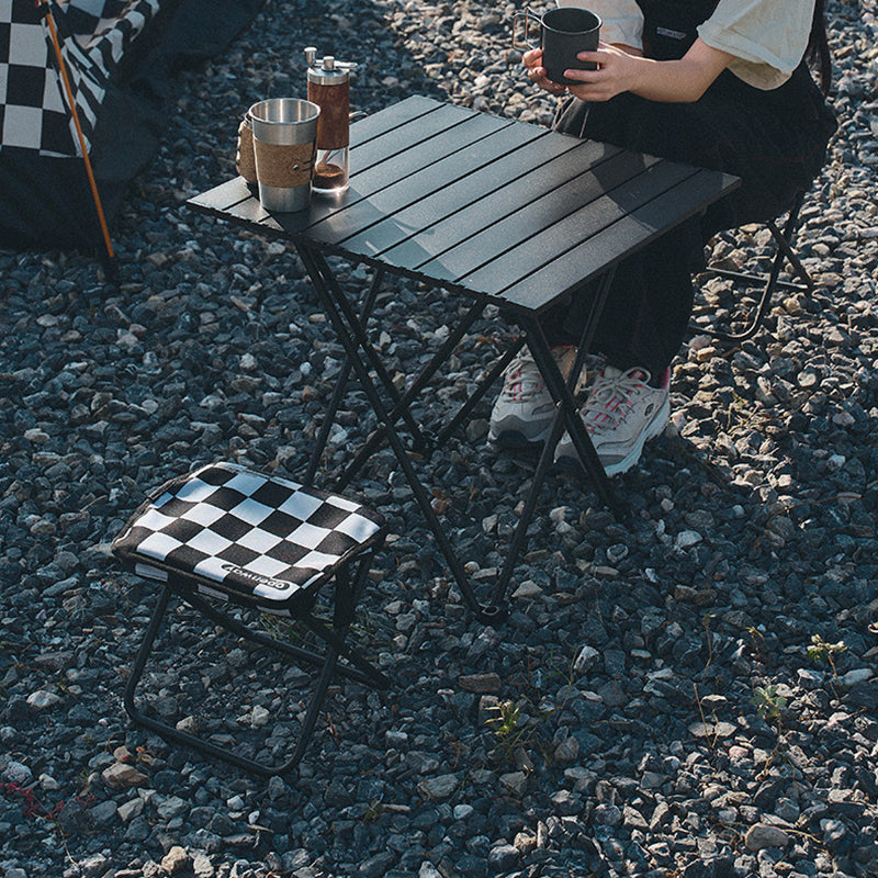 Outdoor Foldable Stool with Backrest - Modern Minimalist Rectangular Carbon Steel Frame, Oxford Fabric Seat in Striped/Plaid Pattern