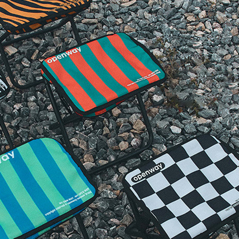 Outdoor Foldable Stool with Backrest - Modern Minimalist Rectangular Carbon Steel Frame, Oxford Fabric Seat in Striped/Plaid Pattern