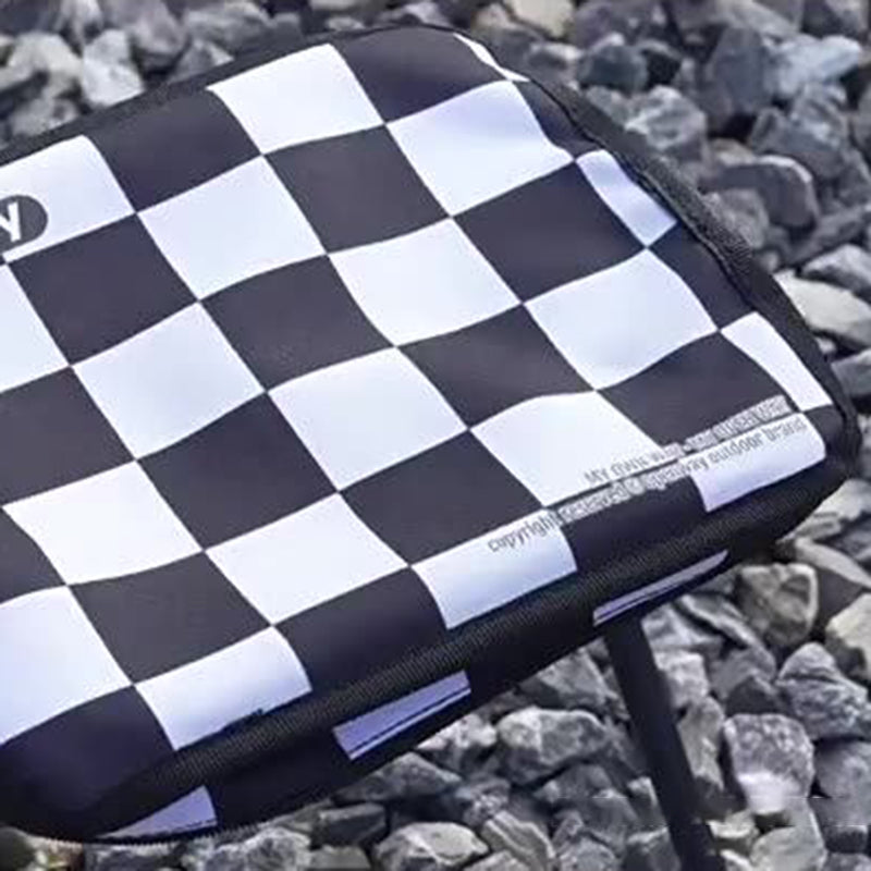 Outdoor Foldable Stool with Backrest - Modern Minimalist Rectangular Carbon Steel Frame, Oxford Fabric Seat in Striped/Plaid Pattern