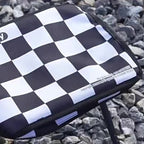 Outdoor Foldable Stool with Backrest - Modern Minimalist Rectangular Carbon Steel Frame, Oxford Fabric Seat in Striped/Plaid Pattern