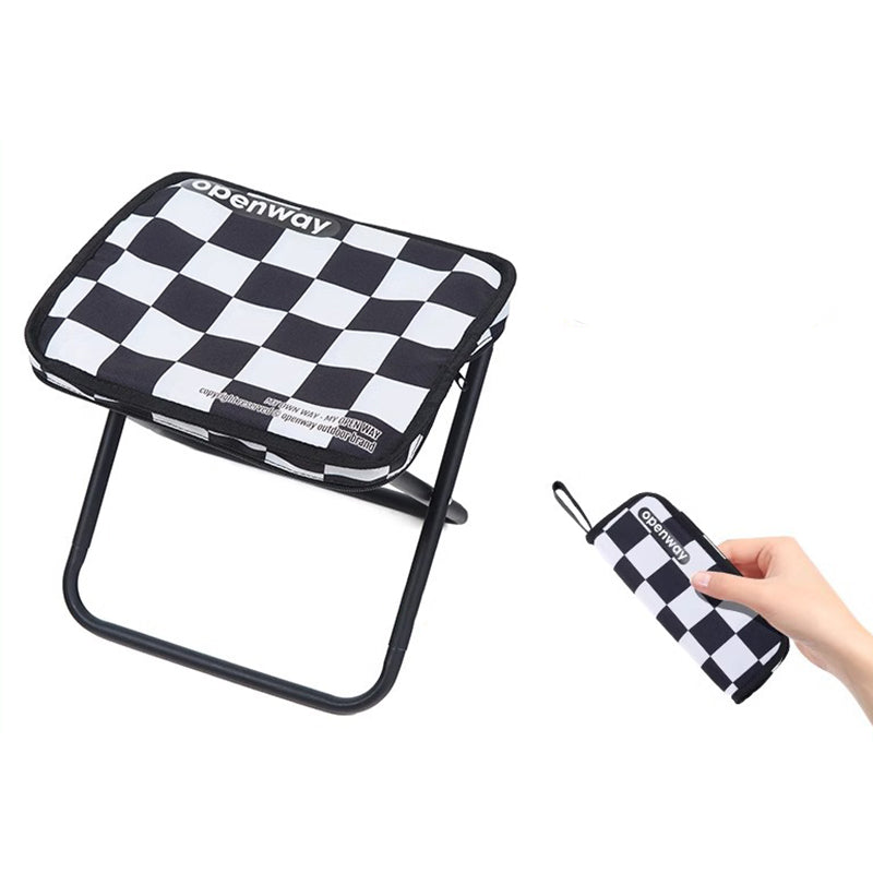 Outdoor Foldable Stool with Backrest - Modern Minimalist Rectangular Carbon Steel Frame, Oxford Fabric Seat in Striped/Plaid Pattern