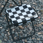 Outdoor Foldable Stool with Backrest - Modern Minimalist Rectangular Carbon Steel Frame, Oxford Fabric Seat in Striped/Plaid Pattern