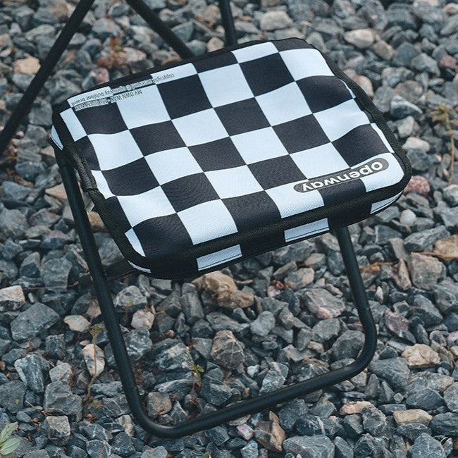 Outdoor Foldable Stool with Backrest - Modern Minimalist Rectangular Carbon Steel Frame, Oxford Fabric Seat in Striped/Plaid Pattern