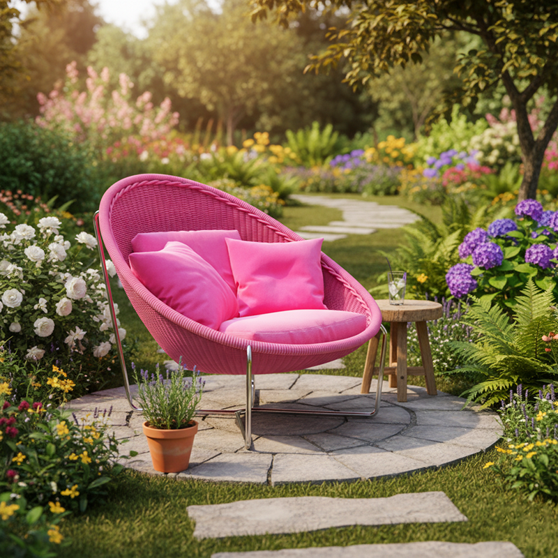 Tumbona reclinable moderna minimalista con estructura de aleación de aluminio curvada y cuerda de polipropileno – Respaldo y reposabrazos duraderos para jardín