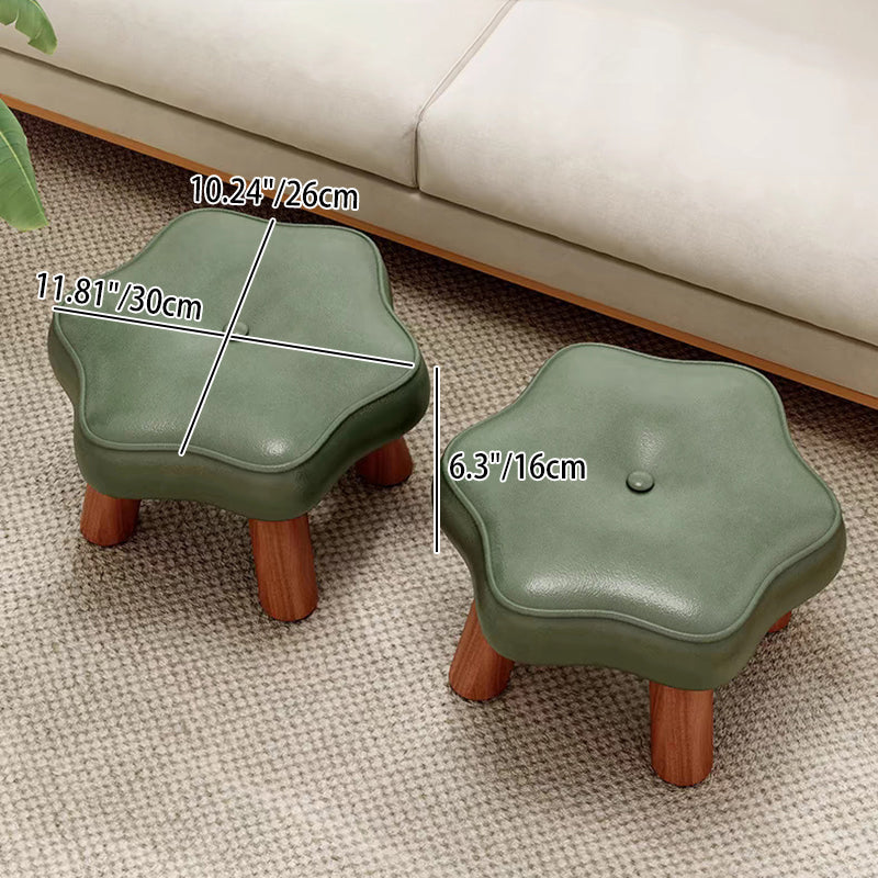 Taburete bajo contemporáneo nórdico en forma de flor de cuero sintético con base de madera de pino - Acento para sala de estar