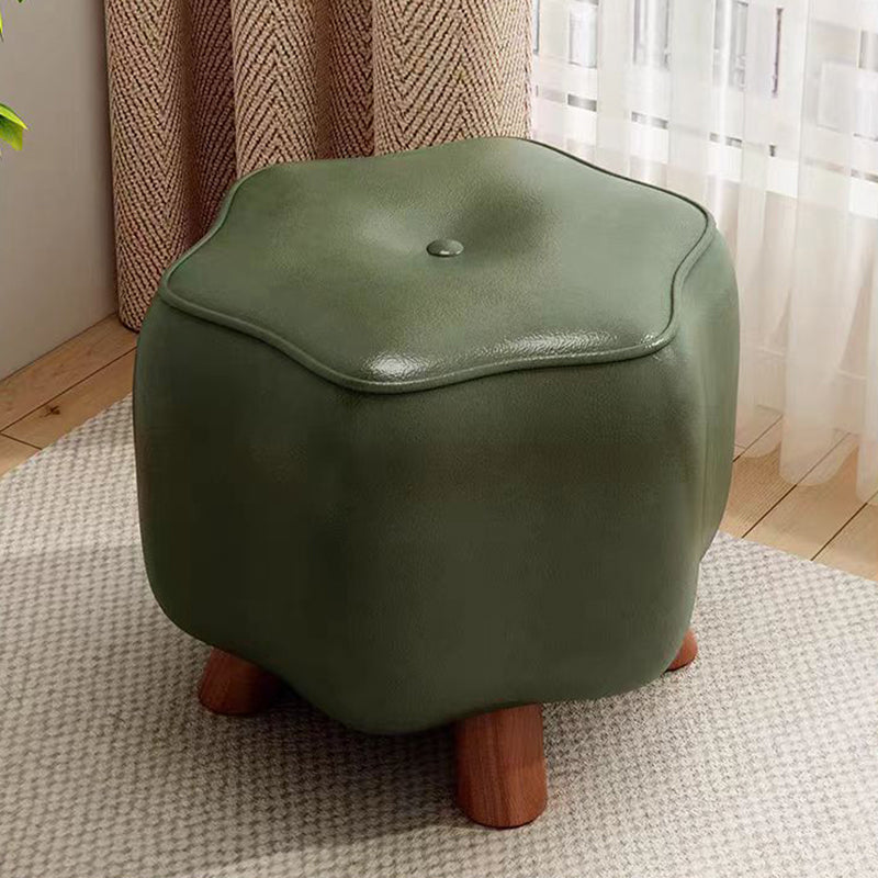 Nordic Contemporary Flower-Shaped Low Stool in PU Leather with Pine Wood Base – Living Room Accent