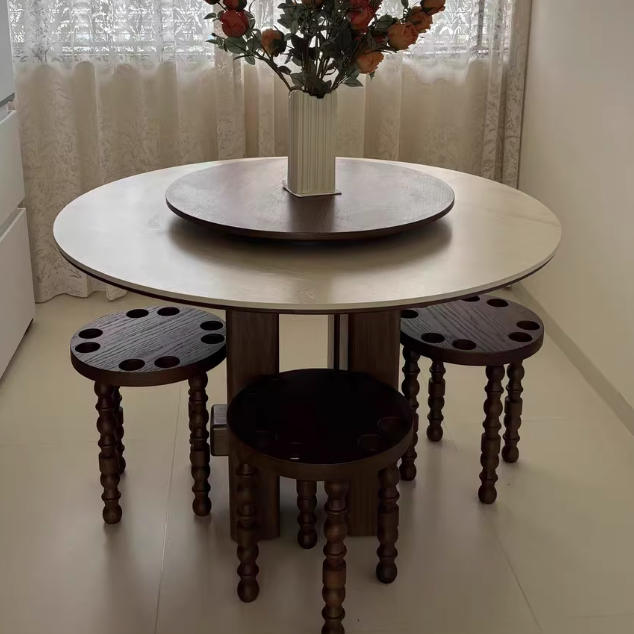 Sleek Contemporary Retro Rubberwood Round Stackable Low Stool for Living Room