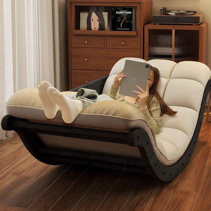 Mecedora Reclinable Nórdica Contemporánea Moon Boat con Respaldo de Piel Sintética, Algodón-Lino y HDF para Salón y Dormitorio