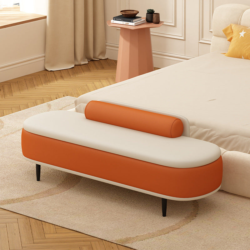 Nordic Contemporary Faux Leather Storage Bench with Wood and Carbon Steel Frame, Oval Backrest for Bedroom & Entryway