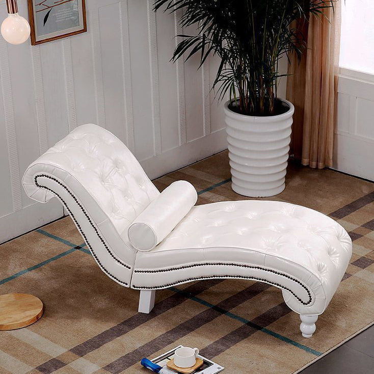 Elegant European-Style Velvet and Leather Curved Chaise Lounge Recliner with Backrest — Traditional Wood Frame for Living Room or Bedroom