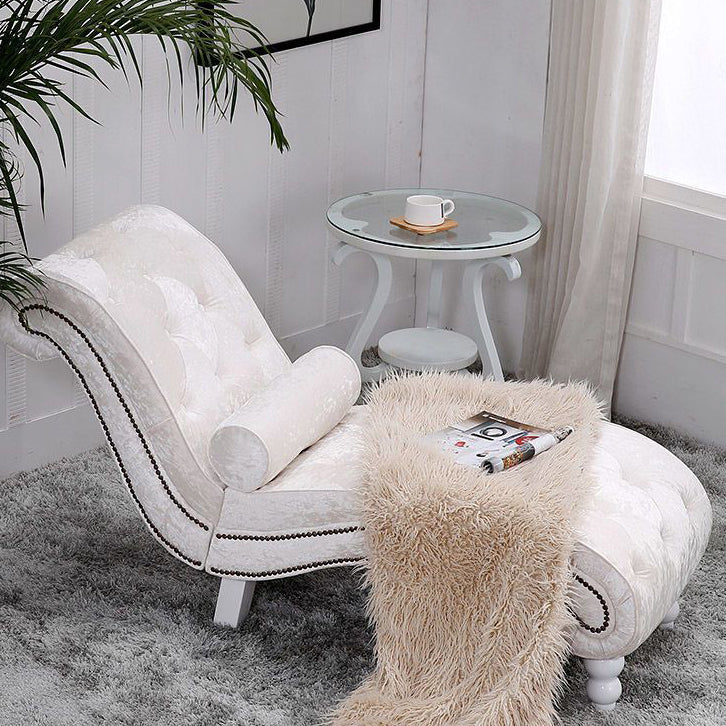 Elegant European-Style Velvet and Leather Curved Chaise Lounge Recliner with Backrest — Traditional Wood Frame for Living Room or Bedroom