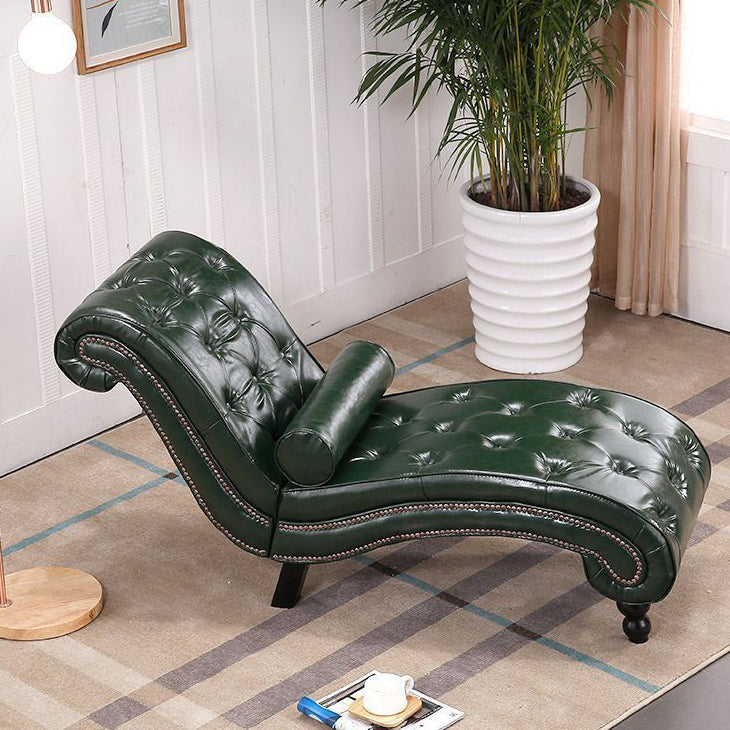 Elegant European-Style Velvet and Leather Curved Chaise Lounge Recliner with Backrest — Traditional Wood Frame for Living Room or Bedroom