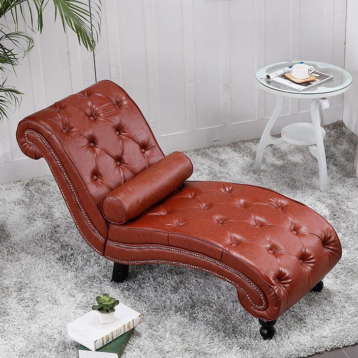 Elegant European-Style Velvet and Leather Curved Chaise Lounge Recliner with Backrest — Traditional Wood Frame for Living Room or Bedroom