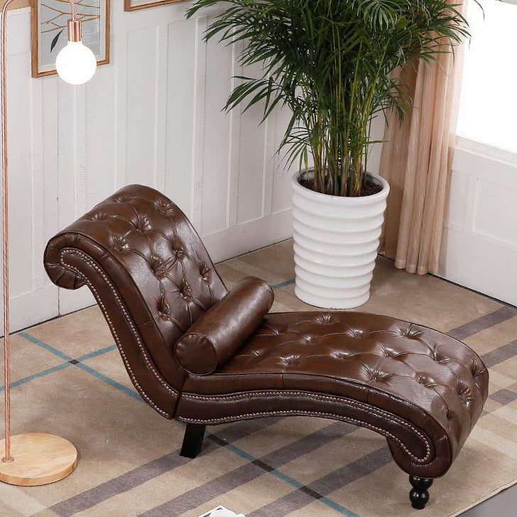 Elegant European-Style Velvet and Leather Curved Chaise Lounge Recliner with Backrest — Traditional Wood Frame for Living Room or Bedroom
