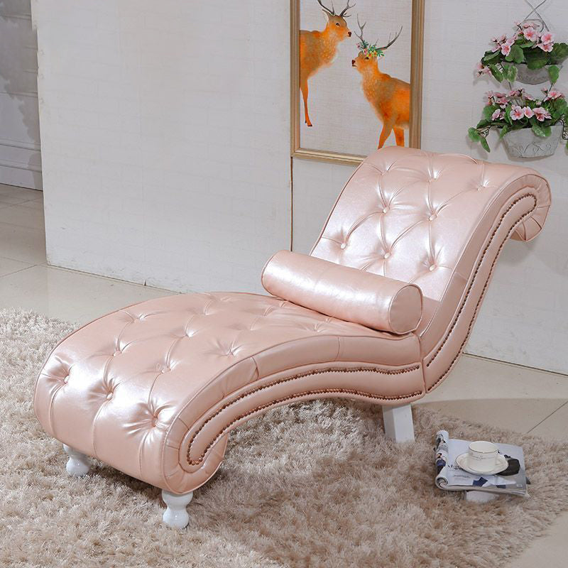 Elegant European-Style Velvet and Leather Curved Chaise Lounge Recliner with Backrest — Traditional Wood Frame for Living Room or Bedroom