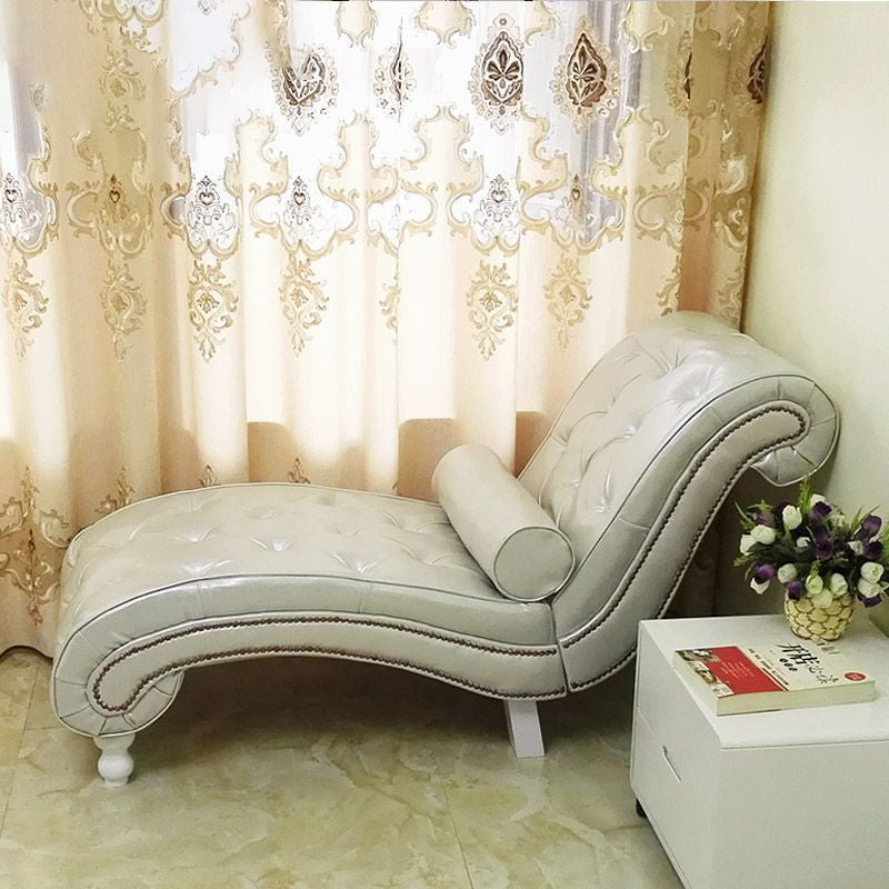 Elegant European-Style Velvet and Leather Curved Chaise Lounge Recliner with Backrest — Traditional Wood Frame for Living Room or Bedroom