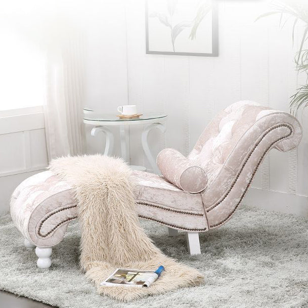 Elegant European-Style Velvet and Leather Curved Chaise Lounge Recliner with Backrest — Traditional Wood Frame for Living Room or Bedroom