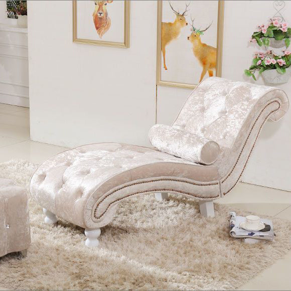 Elegant European-Style Velvet and Leather Curved Chaise Lounge Recliner with Backrest — Traditional Wood Frame for Living Room or Bedroom
