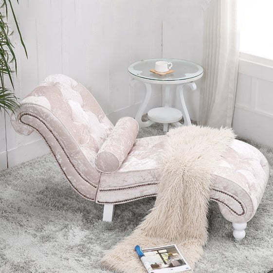 Elegant European-Style Velvet and Leather Curved Chaise Lounge Recliner with Backrest — Traditional Wood Frame for Living Room or Bedroom
