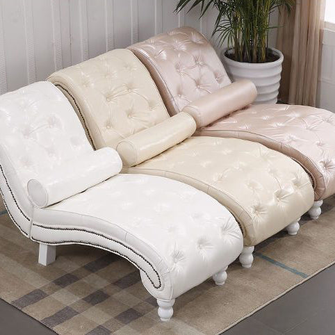 Elegant European-Style Velvet and Leather Curved Chaise Lounge Recliner with Backrest — Traditional Wood Frame for Living Room or Bedroom