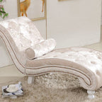 Elegant European-Style Velvet and Leather Curved Chaise Lounge Recliner with Backrest — Traditional Wood Frame for Living Room or Bedroom