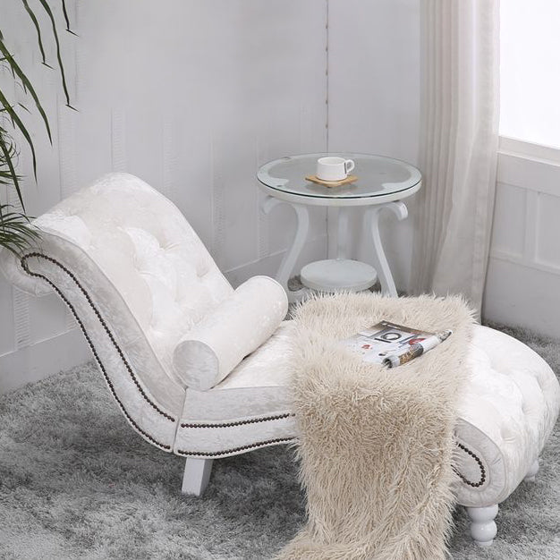 Elegant European-Style Velvet and Leather Curved Chaise Lounge Recliner with Backrest — Traditional Wood Frame for Living Room or Bedroom