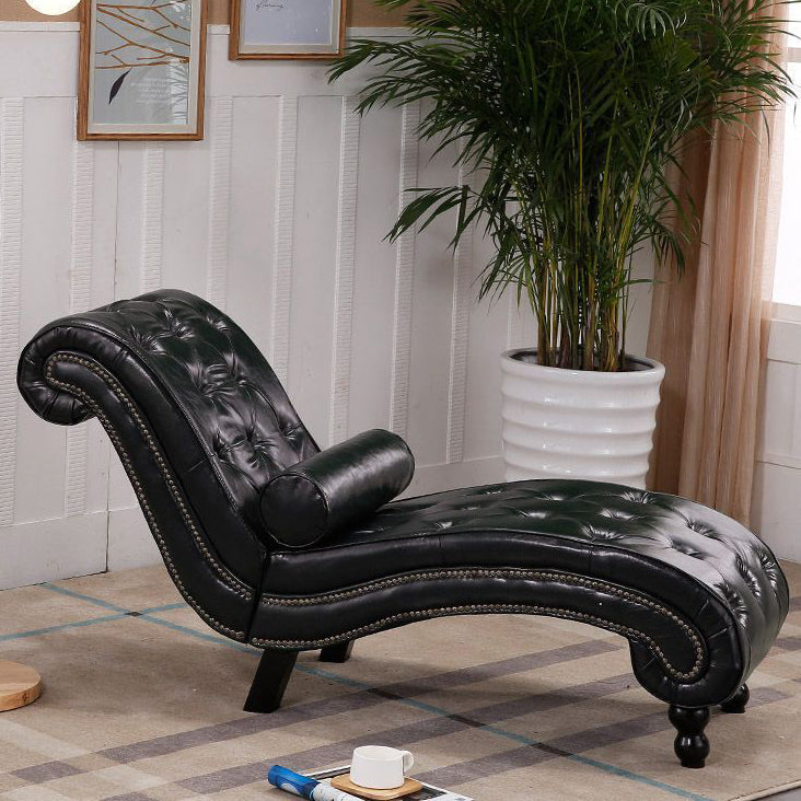 Elegant European-Style Velvet and Leather Curved Chaise Lounge Recliner with Backrest — Traditional Wood Frame for Living Room or Bedroom