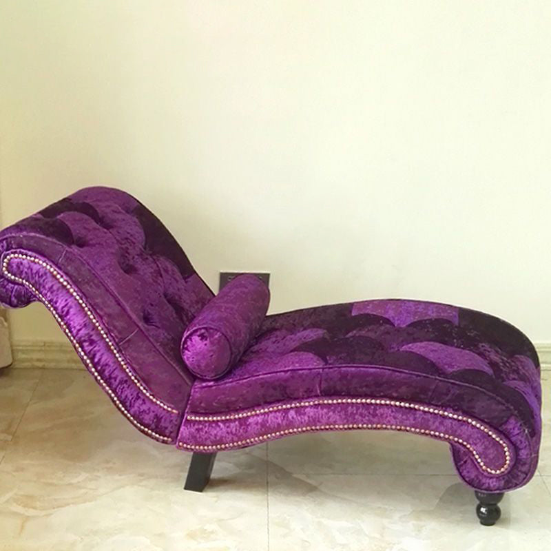 Elegant European-Style Velvet and Leather Curved Chaise Lounge Recliner with Backrest — Traditional Wood Frame for Living Room or Bedroom