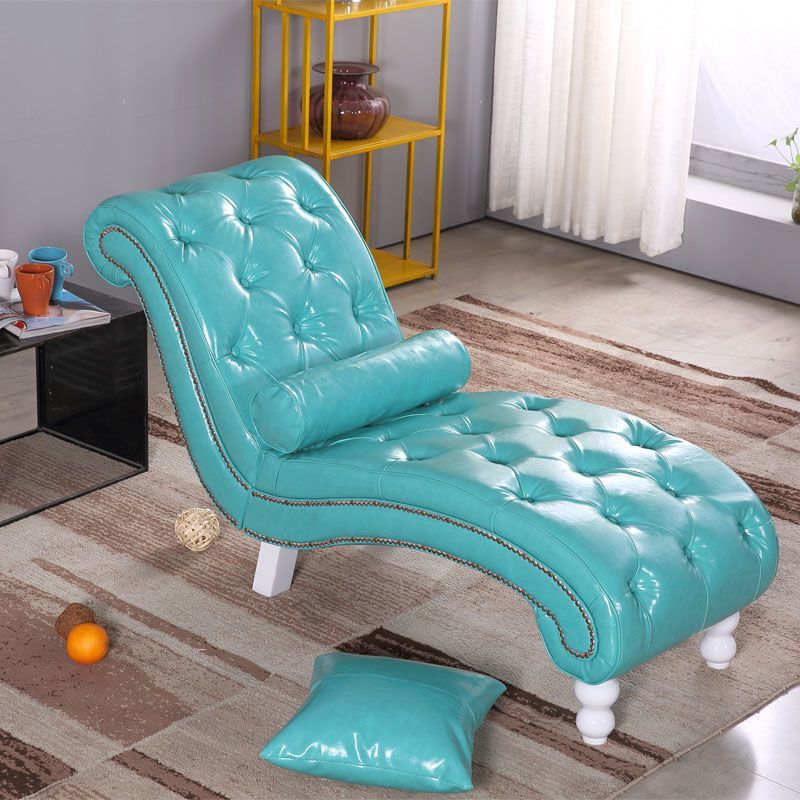 Elegant European-Style Velvet and Leather Curved Chaise Lounge Recliner with Backrest — Traditional Wood Frame for Living Room or Bedroom