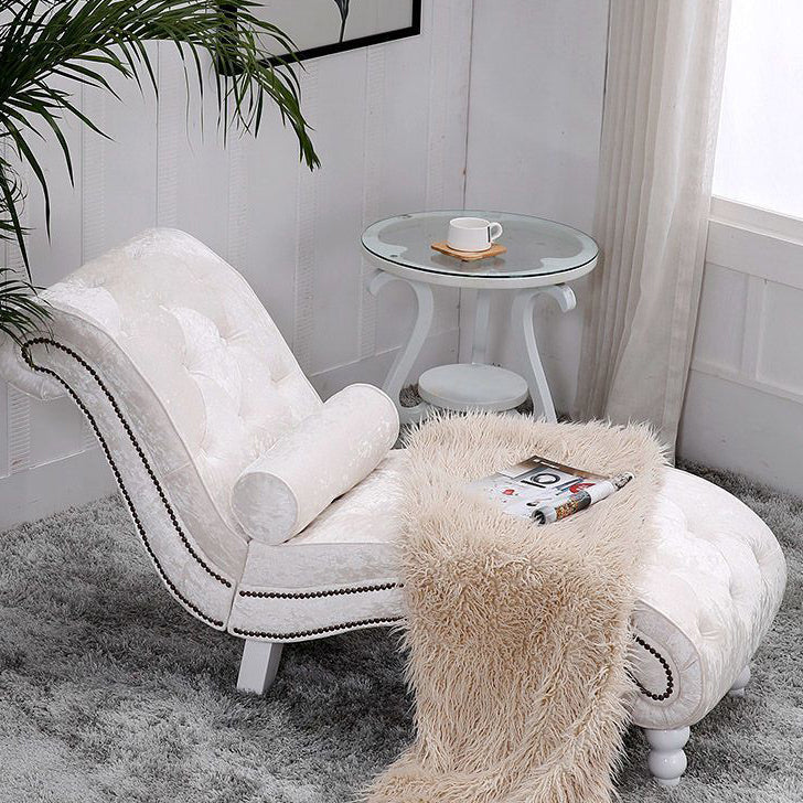 Elegant European-Style Velvet and Leather Curved Chaise Lounge Recliner with Backrest — Traditional Wood Frame for Living Room or Bedroom