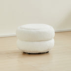 Taburete nórdico contemporáneo de madera con tela sherpa — Diseño de perfil bajo y múltiples niveles para sala de estar y dormitorio