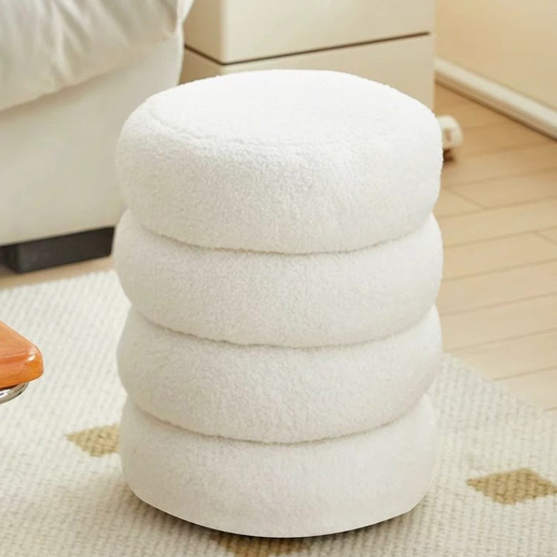 Nordic Contemporary Round Sherpa Fabric Wood Stool — Low-Profile, Multi-Tier Design for Living Room & Bedroom