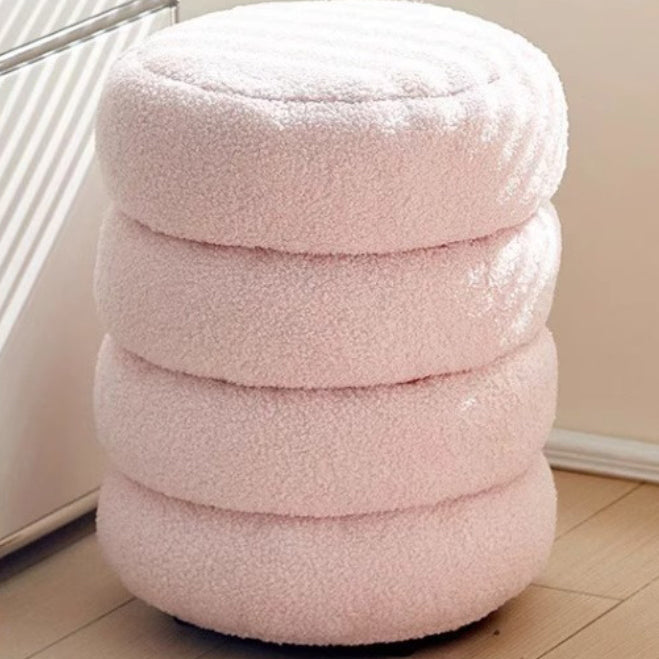 Nordic Contemporary Round Sherpa Fabric Wood Stool — Low-Profile, Multi-Tier Design for Living Room & Bedroom