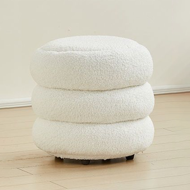 Nordic Contemporary Round Sherpa Fabric Wood Stool — Low-Profile, Multi-Tier Design for Living Room & Bedroom