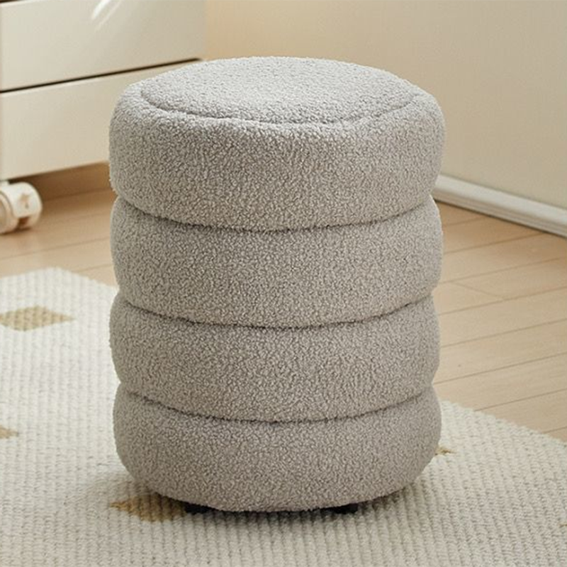 Nordic Contemporary Round Sherpa Fabric Wood Stool — Low-Profile, Multi-Tier Design for Living Room & Bedroom