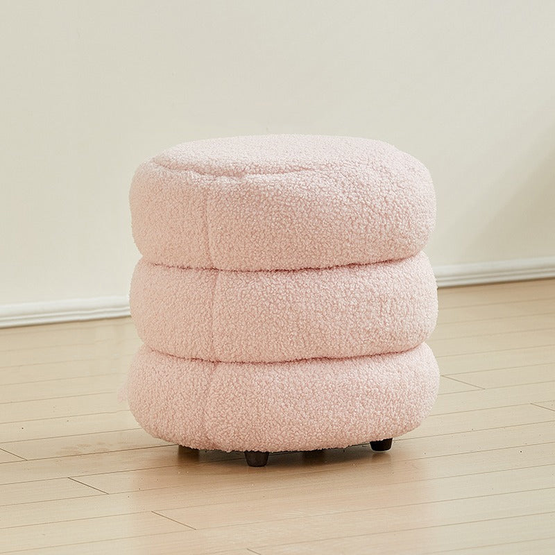 Nordic Contemporary Round Sherpa Fabric Wood Stool — Low-Profile, Multi-Tier Design for Living Room & Bedroom
