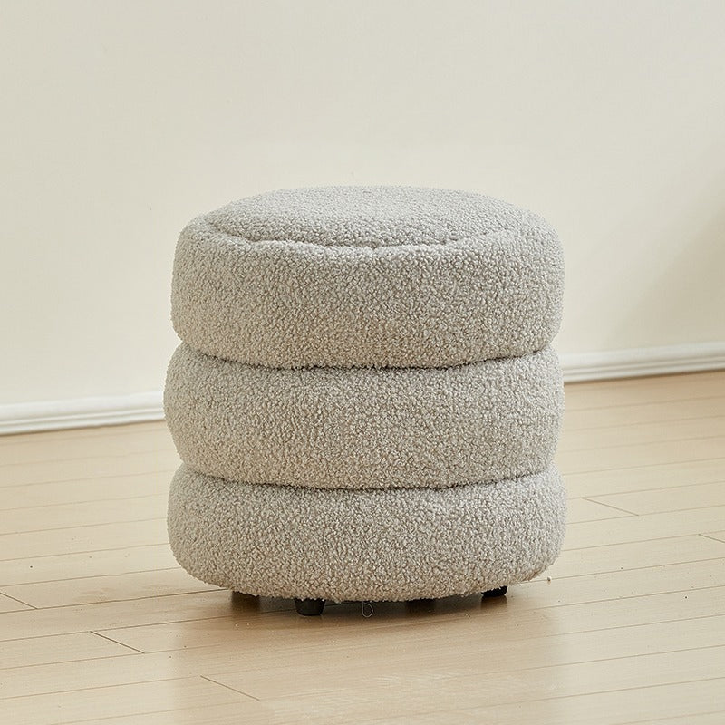 Nordic Contemporary Round Sherpa Fabric Wood Stool — Low-Profile, Multi-Tier Design for Living Room & Bedroom